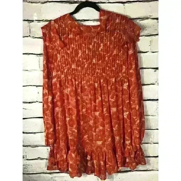 Free People Womens Size Small Orange Long Sleeve Ruffled Hem Shirt Boho - Picture 2 of 4